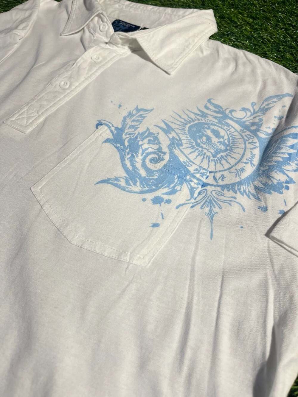 Anchor Blue Polo Shirt Size XXL White Graphic Skull Y2K